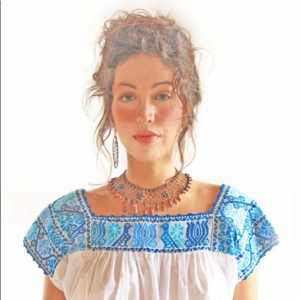 Mexican Embroidered Blouse Blue Birds